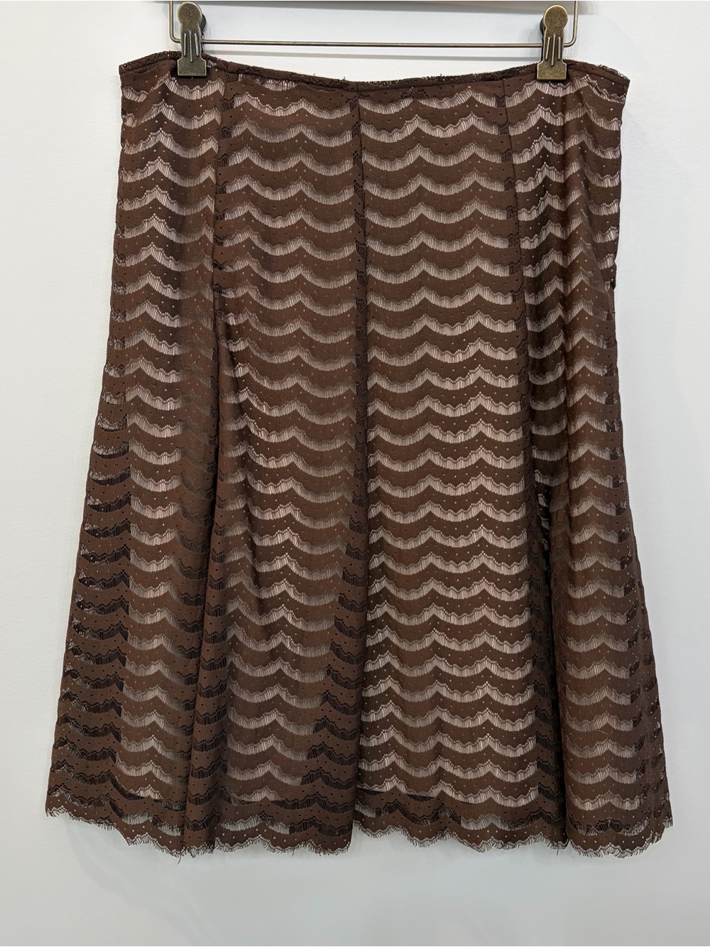 Apt 9 Women's Brown Lace Overlay Skirt With Nude Lining Side Zip Size 12 Midi